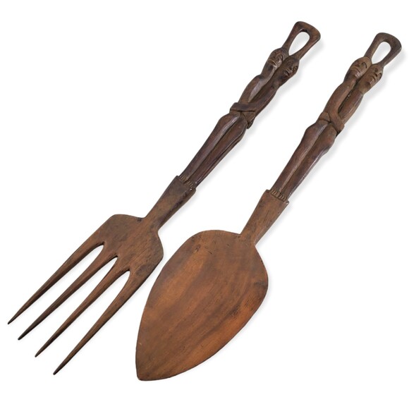 Hand Carved Wood Spoon Fork Set Salad Serving Utensils Grigg African Egyptian - Picture 1 of 8
